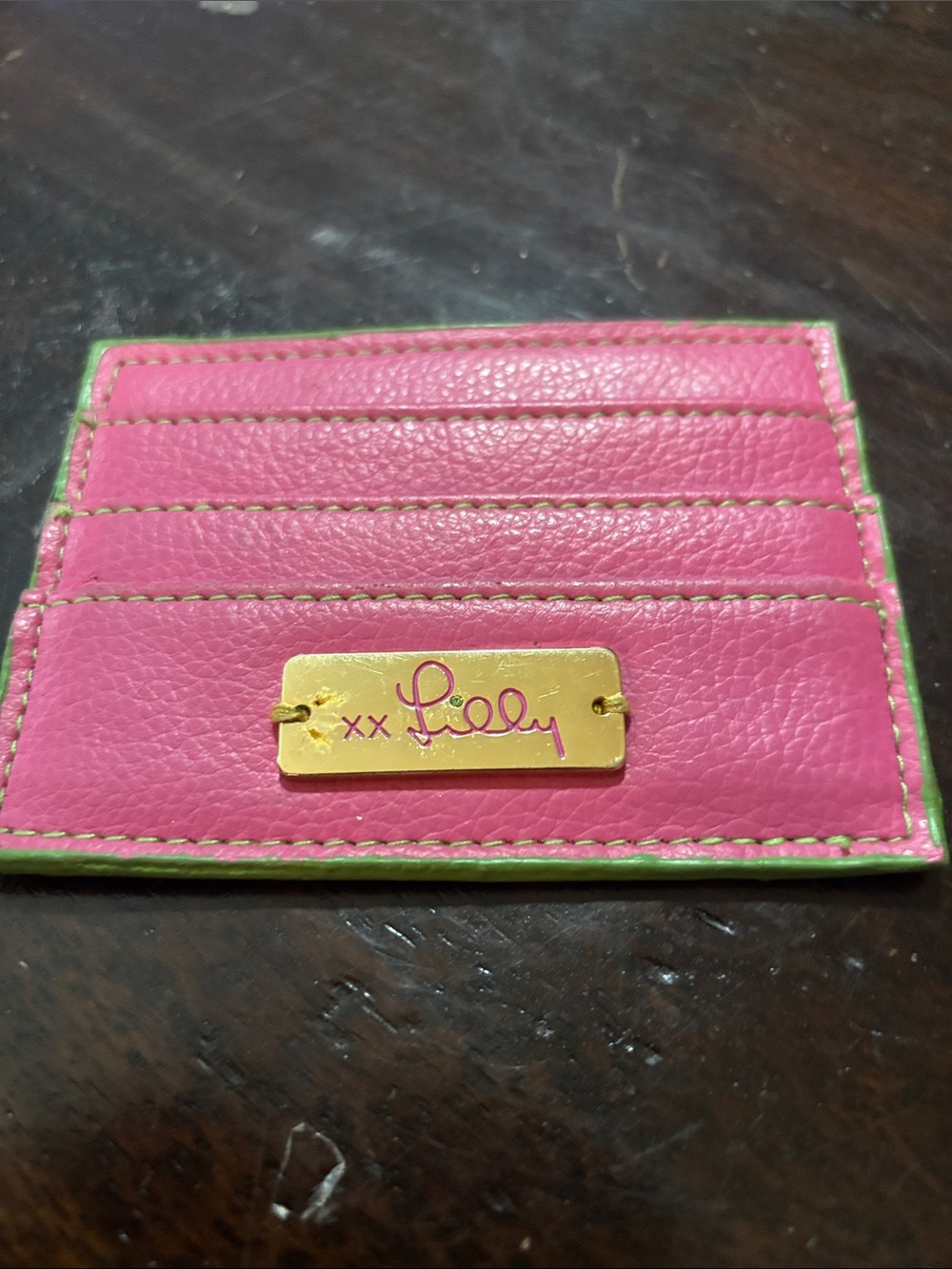 Lilly Pulitzer Pink Leather Card Holder with Green Trim and Gold Plaque